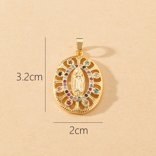 Picture of 1 Piece Brass Religious Pendants 18K Gold Plated Oval Virgin Mary Micro Pave Multicolour Cubic Zirconia 3.2cm x 2cm