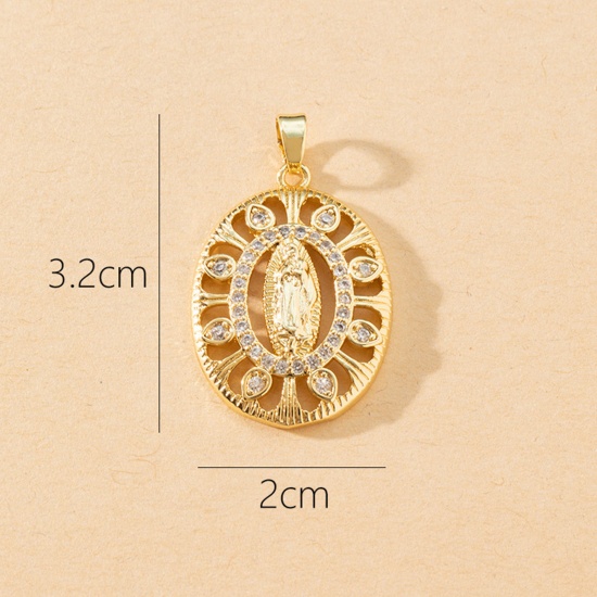 Picture of 1 Piece Brass Religious Pendants 18K Gold Plated Oval Virgin Mary Micro Pave Clear Cubic Zirconia 3.2cm x 2cm