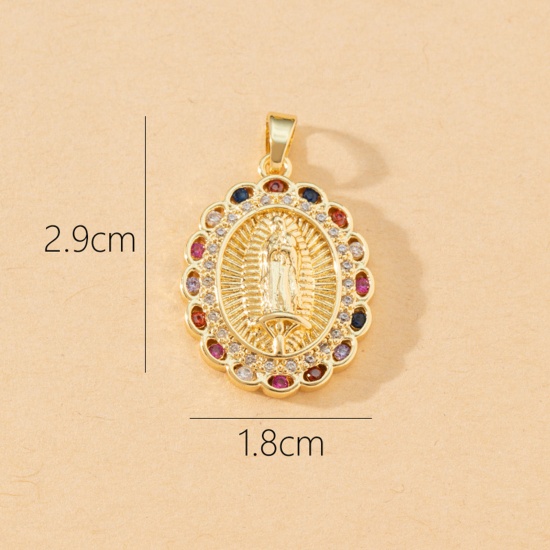 Immagine di 1 Pz Ottone Religione Ciondoli Pendenti Ovale Placcato Oro 18K Vergine Maria Micro Spianare Multicolore Cubic Zirconiae 29mm x 18mm