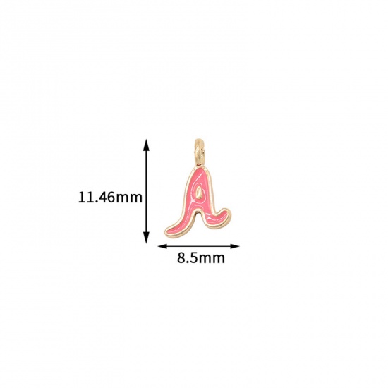 Picture of 5 PCs Brass Charms 14K Gold Plated Pink Capital Alphabet Initial Letter Message " A " Enamel 11.8mm x 8.5mm