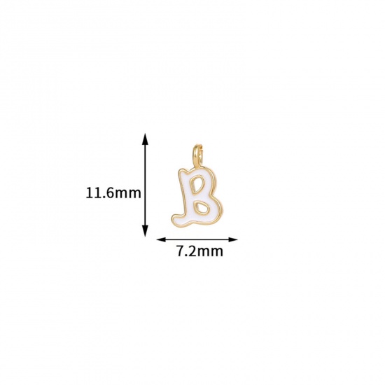 Picture of 5 PCs Brass Charms 14K Gold Plated White Capital Alphabet Initial Letter Message " B " Enamel 11.6mm x 7.2mm