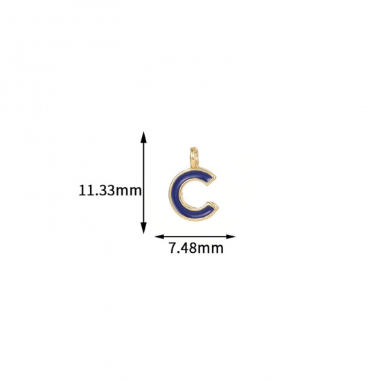 Picture of 5 PCs Brass Charms 14K Gold Plated Purple Capital Alphabet Initial Letter Message " C " Enamel 11.3mm x 7.5mm