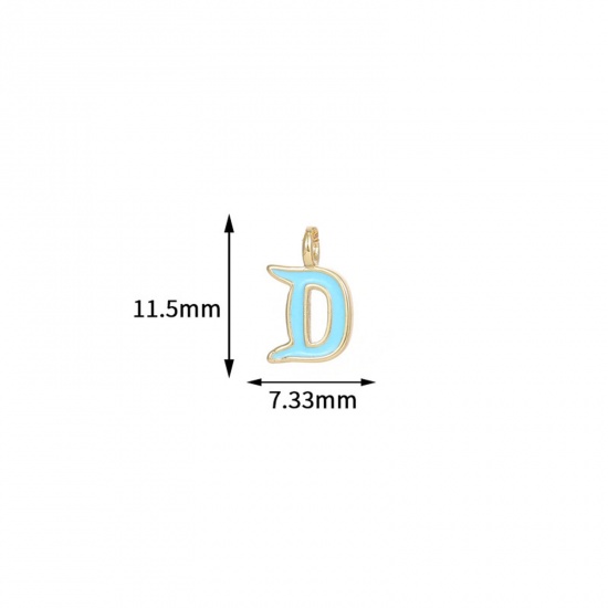 Picture of 5 PCs Brass Charms 14K Gold Plated Light Blue Capital Alphabet Initial Letter Message " D " Enamel 11.5mm x 7.3mm