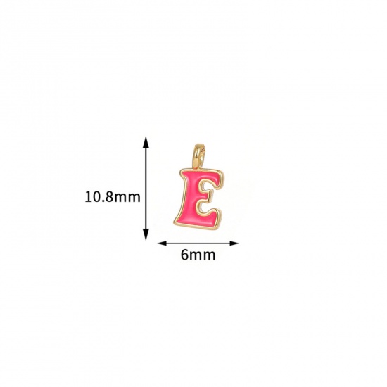 Picture of 5 PCs Brass Charms 14K Gold Plated Hot Pink Capital Alphabet Initial Letter Message " E " Enamel 10.8mm x 6mm