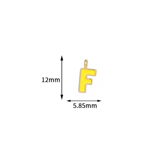 Picture of 5 PCs Brass Charms 14K Gold Plated Yellow Capital Alphabet Initial Letter Message " F " Enamel 12mm x 5.9mm