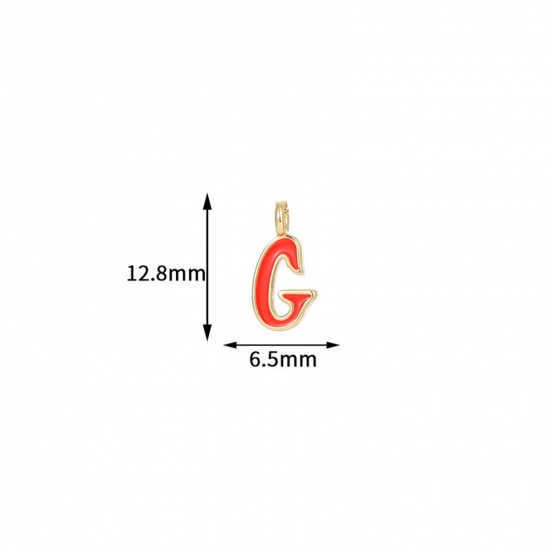 Picture of 5 PCs Brass Charms 14K Gold Plated Orange-red Capital Alphabet Initial Letter Message " G " Enamel 12.8mm x 6.5mm