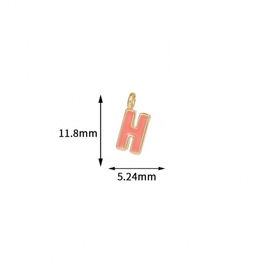 Picture of 5 PCs Brass Charms 14K Gold Plated Peachy Beige Capital Alphabet Initial Letter Message " H " Enamel 11.8mm x 5.2mm