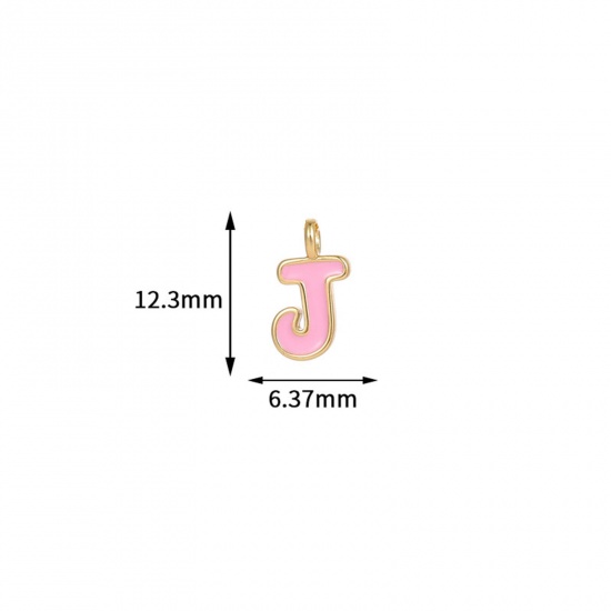 Picture of 5 PCs Brass Charms 14K Gold Plated Pink Capital Alphabet Initial Letter Message " J " Enamel 12.3mm x 6.4mm