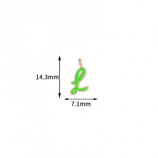 Picture of 5 PCs Brass Charms 14K Gold Plated Green Capital Alphabet Initial Letter Message " L " Enamel 14.3mm x 7.1mm