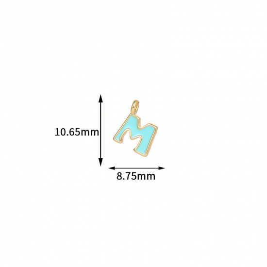 Picture of 5 PCs Brass Charms 14K Gold Plated Blue Capital Alphabet Initial Letter Message " M " Enamel 10.7mm x 8.8mm