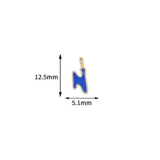 Picture of 5 PCs Brass Charms 14K Gold Plated Dark Blue Capital Alphabet Initial Letter Message " N " Enamel 12.5mm x 5.1mm