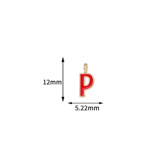 Picture of 5 PCs Brass Charms 14K Gold Plated Red Capital Alphabet Initial Letter Message " P " Enamel 12mm x 5.2mm