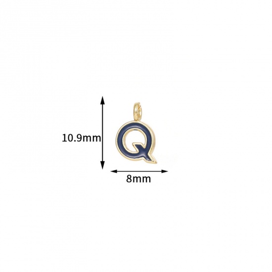 Picture of 5 PCs Brass Charms 14K Gold Plated Black Capital Alphabet Initial Letter Message " Q " Enamel 10.9mm x 8mm