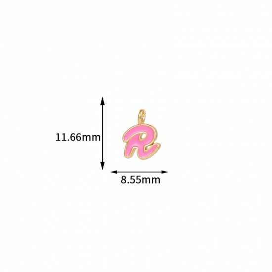 Immagine di 5 Pz Ottone Ciondoli Lettera Maiuscola Placcato Oro 14K Rosa Lettere " R " Smalto 11.7mm x 8.6mm