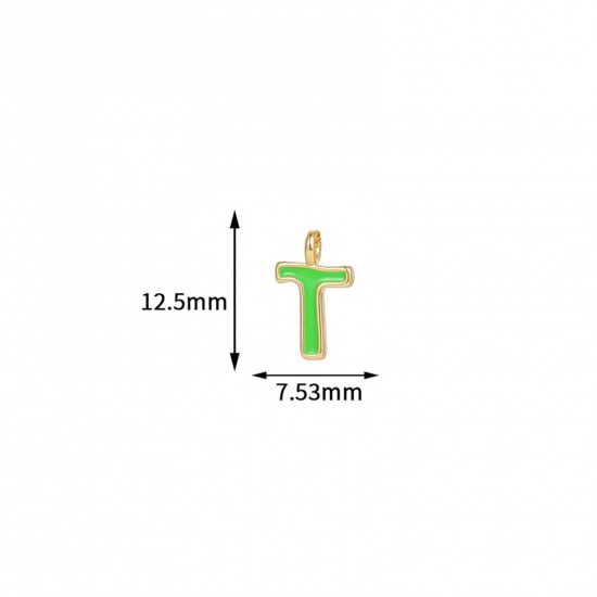 Picture of 5 PCs Brass Charms 14K Gold Plated Green Capital Alphabet Initial Letter Message " T " Enamel 12.5mm x 7.5mm