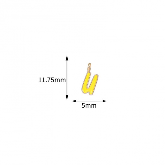 Immagine di 5 Pz Ottone Ciondoli Lettera Maiuscola Placcato Oro 14K Giallo Lettere " U " Smalto 11.8mm x 5mm