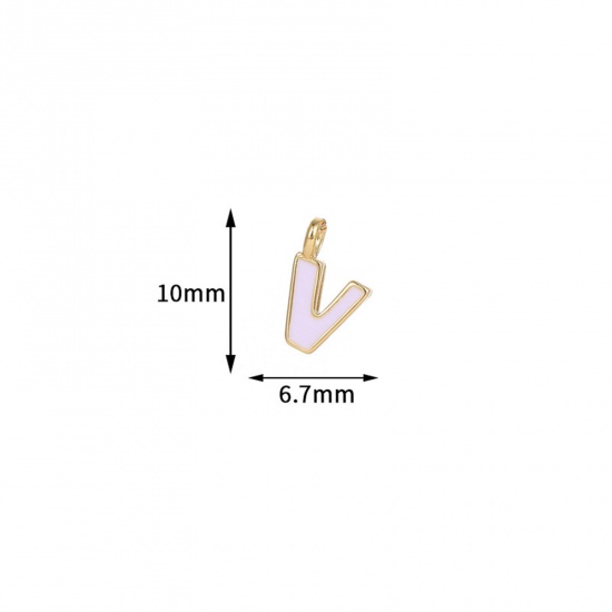 Picture of 5 PCs Brass Charms 14K Gold Plated Light Pink Capital Alphabet Initial Letter Message " V " Enamel 10mm x 6.7mm