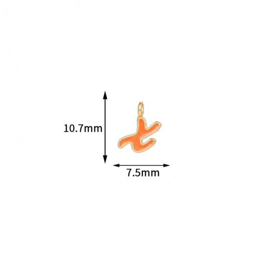 Picture of 5 PCs Brass Charms 14K Gold Plated Orange Capital Alphabet Initial Letter Message " X " Enamel 10.7mm x 7.5mm