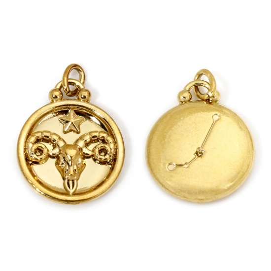 Bild von 2 Stück Vakuumbeschichtung 304 Edelstahl Retro Charms Rund Vergoldet Sternbild Widder 21mm x 17mm