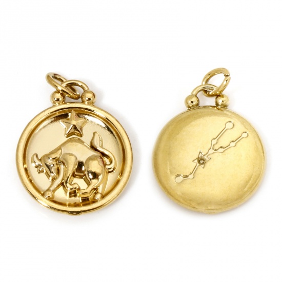 Bild von 2 Stück Vakuumbeschichtung 304 Edelstahl Retro Charms Rund Vergoldet Sternbild Stier 21mm x 17mm