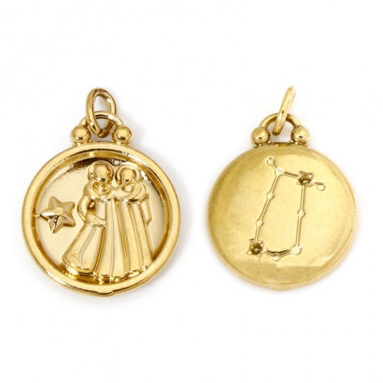 Bild von 2 Stück Vakuumbeschichtung 304 Edelstahl Retro Charms Rund Vergoldet Sternbild Zwillinge 21mm x 17mm