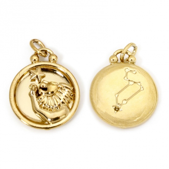 Bild von 2 Stück Vakuumbeschichtung 304 Edelstahl Retro Charms Rund Vergoldet Sternbild Löwe 21mm x 17mm