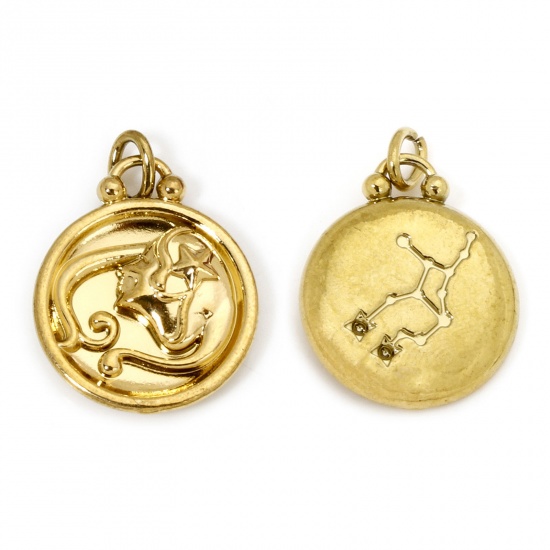 Bild von 2 Stück Vakuumbeschichtung 304 Edelstahl Retro Charms Rund Vergoldet Sternbild Jungfrau 21mm x 17mm