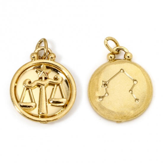 Bild von 2 Stück Vakuumbeschichtung 304 Edelstahl Retro Charms Rund Vergoldet Sternbild Waage 21mm x 17mm