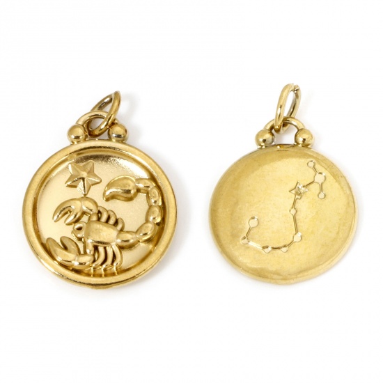 Bild von 2 Stück Vakuumbeschichtung 304 Edelstahl Retro Charms Rund Vergoldet Sternbild Skorpion 21mm x 17mm