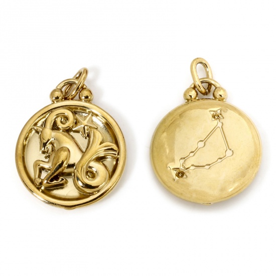 Bild von 2 Stück Vakuumbeschichtung 304 Edelstahl Retro Charms Rund Vergoldet Sternbild Steinbock 21mm x 17mm
