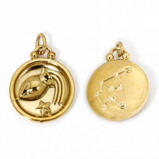 Bild von 2 Stück Vakuumbeschichtung 304 Edelstahl Retro Charms Rund Vergoldet Sternbild Wassermann 21mm x 17mm