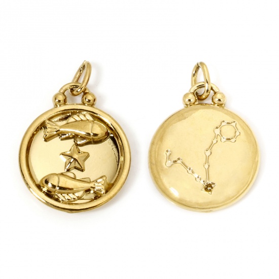 Bild von 2 Stück Vakuumbeschichtung 304 Edelstahl Retro Charms Rund Vergoldet Sternbild Fische 21mm x 17mm