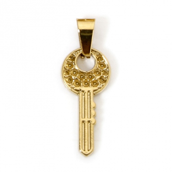 Picture of 1 Piece Vacuum Plating 304 Stainless Steel Retro Charm Pendant Gold Plated Key 28.5mm x 10.5mm