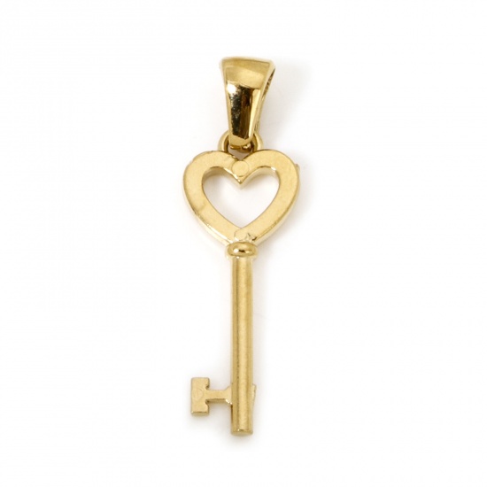 Picture of 1 Piece Vacuum Plating 304 Stainless Steel Retro Charm Pendant Gold Plated Heart Key Hollow 29.5mm x 9mm