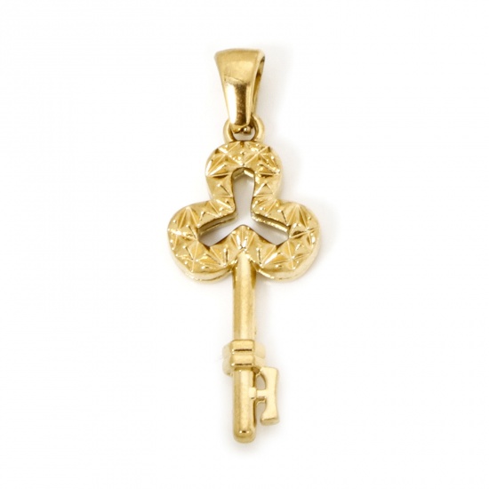 Picture of 1 Piece Vacuum Plating 304 Stainless Steel Retro Pendants Gold Plated Key Hollow 33.5mm x 13mm