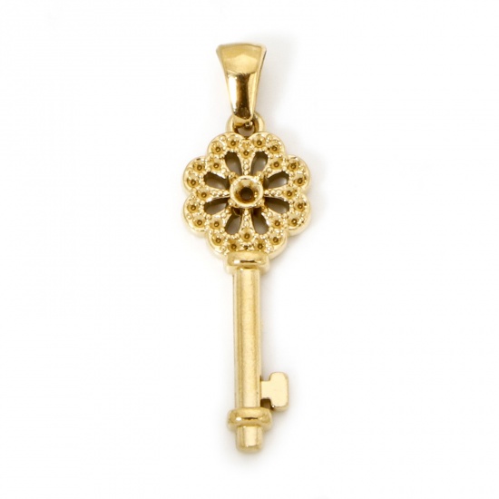 Picture of 1 Piece Vacuum Plating 304 Stainless Steel Retro Pendants Gold Plated Flower Key Hollow 34.5mm x 11mm