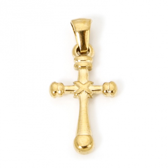 Picture of 1 Piece Vacuum Plating 304 Stainless Steel Religious Charm Pendant Gold Plated Cross 28mm x 13.5mm