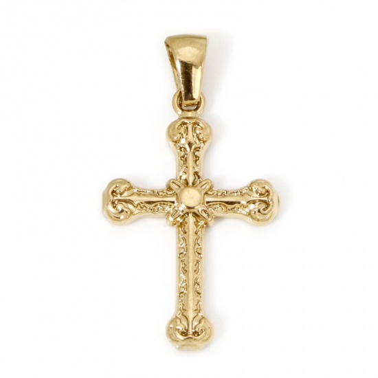 Picture of 1 Piece Vacuum Plating 304 Stainless Steel Religious Pendants Gold Plated Cross 32mm x 17.5mm