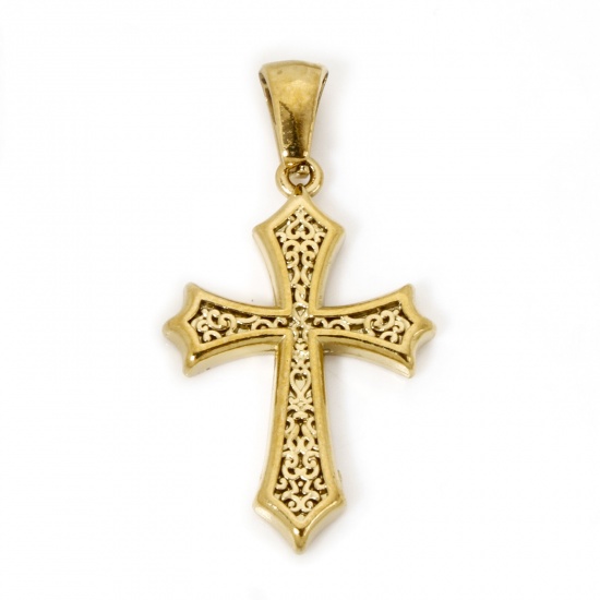 Picture of 1 Piece Vacuum Plating 304 Stainless Steel Religious Charm Pendant Gold Plated Cross 31.5mm x 17mm