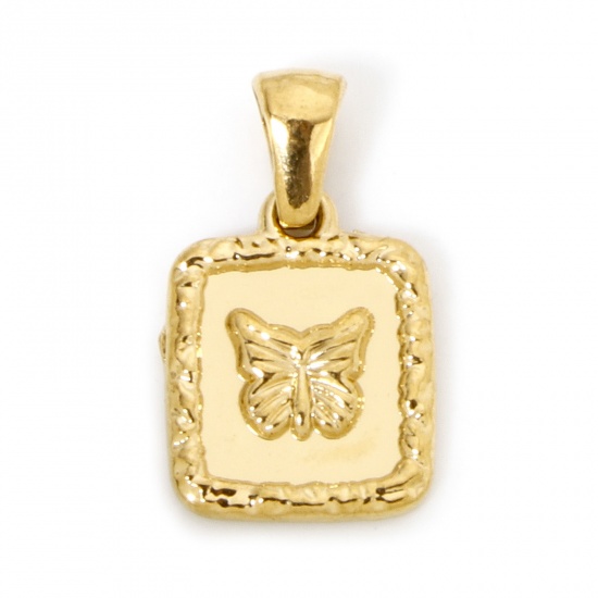 Picture of 1 Piece Vacuum Plating 304 Stainless Steel Stylish Charm Pendant Gold Plated Square Butterfly 21mm x 12.5mm