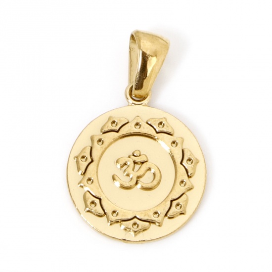 Picture of 1 Piece Vacuum Plating 304 Stainless Steel Religious Disc Charm Pendant Gold Plated Round OM/ Aum Symbol 23.5mm x 15.5mm