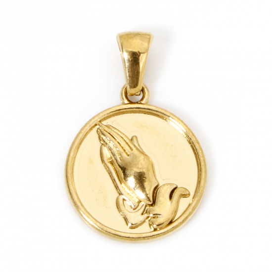 Picture of 1 Piece Vacuum Plating 304 Stainless Steel Religious Disc Charm Pendant Gold Plated Round Hand 24mm x 16mm