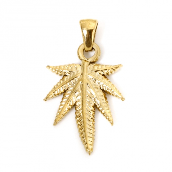 Picture of 1 Piece Vacuum Plating 304 Stainless Steel Stylish Pendants Gold Plated Leaf 30mm x 18mm