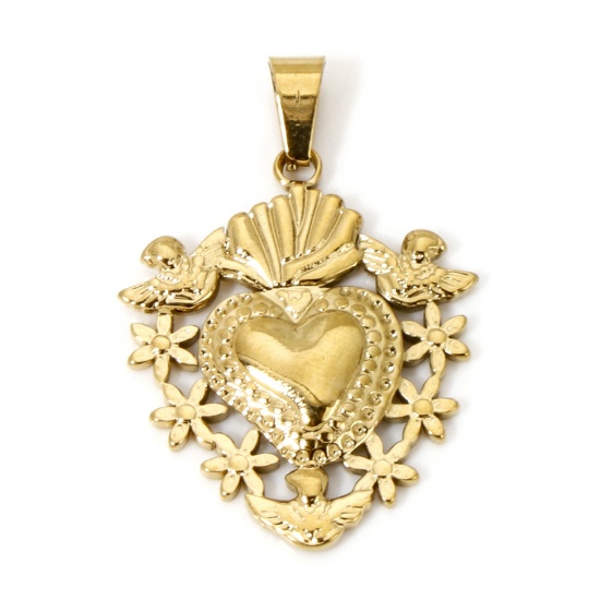 Picture of 1 Piece Vacuum Plating 304 Stainless Steel Stylish Pendants Gold Plated Heart Flower Hollow 36.5mm x 25mm