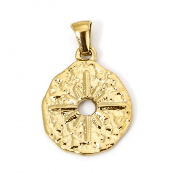 Picture of 1 Piece Vacuum Plating 304 Stainless Steel Galaxy Charm Pendant Gold Plated Round Star Hollow 28mm x 18.5mm