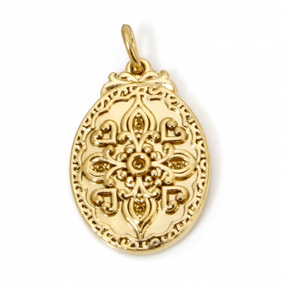 Picture of 1 Piece Vacuum Plating 304 Stainless Steel Retro Charm Pendant Gold Plated Oval Carved Pattern 23.5mm x 16.5mm