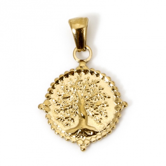 Picture of 1 Piece Vacuum Plating 304 Stainless Steel Retro Charm Pendant Gold Plated Round Tree of Life 28mm x 19mm