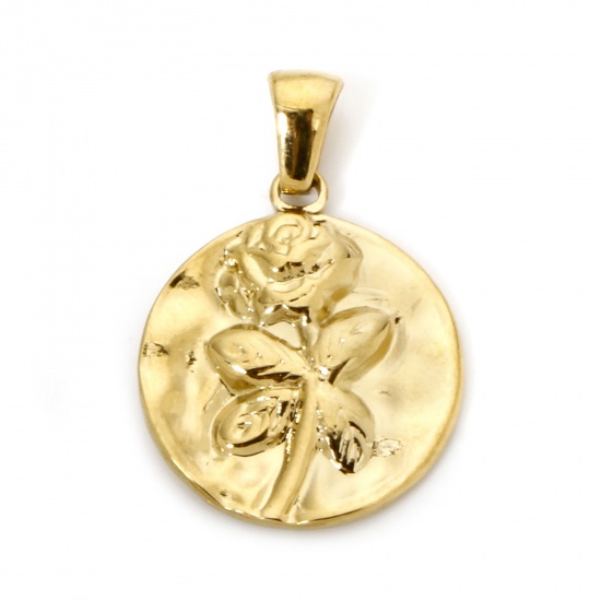 Picture of 1 Piece Vacuum Plating 304 Stainless Steel Hammered Charm Pendant Gold Plated Round Rose Flower 26.5mm x 18mm