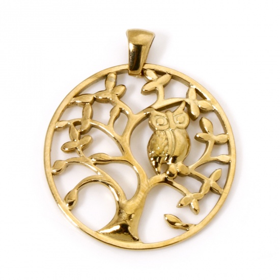 Picture of 1 Piece Vacuum Plating 304 Stainless Steel Retro Pendants Gold Plated Tree Of Life Owl 32.5mm x 27.5mm