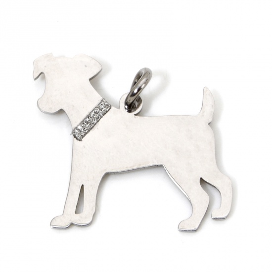 Picture of 1 Piece 304 Stainless Steel Blank Stamping Tags Charms Dog Animal Silver Tone With Jump Ring 26mm x 23mm